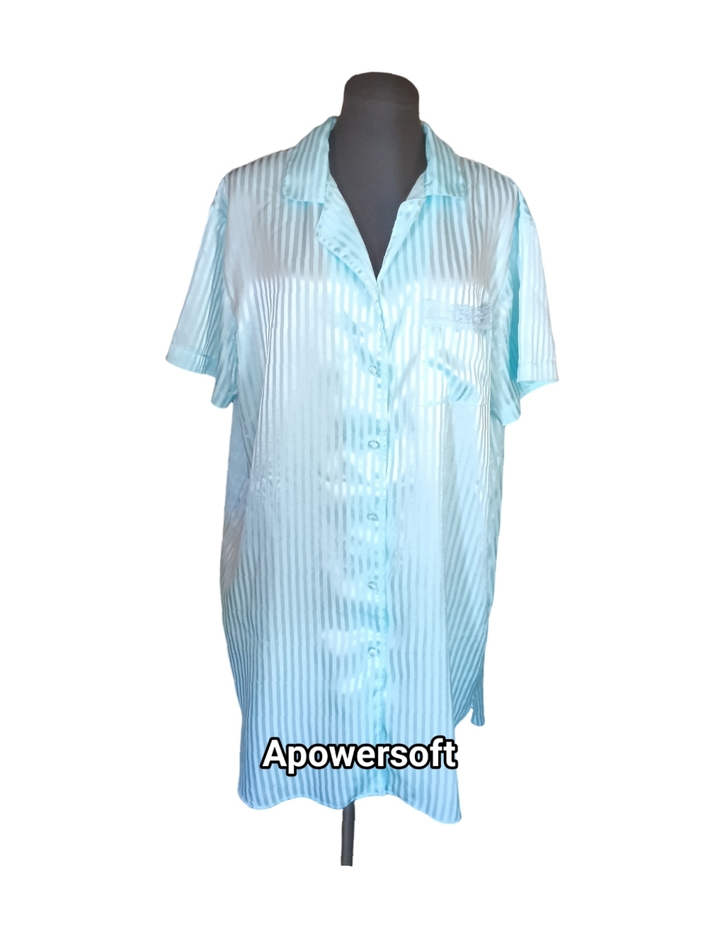 Pastel Blue Satin Stripe Sleep Shirt Lace Trim Button Front Nightshirt